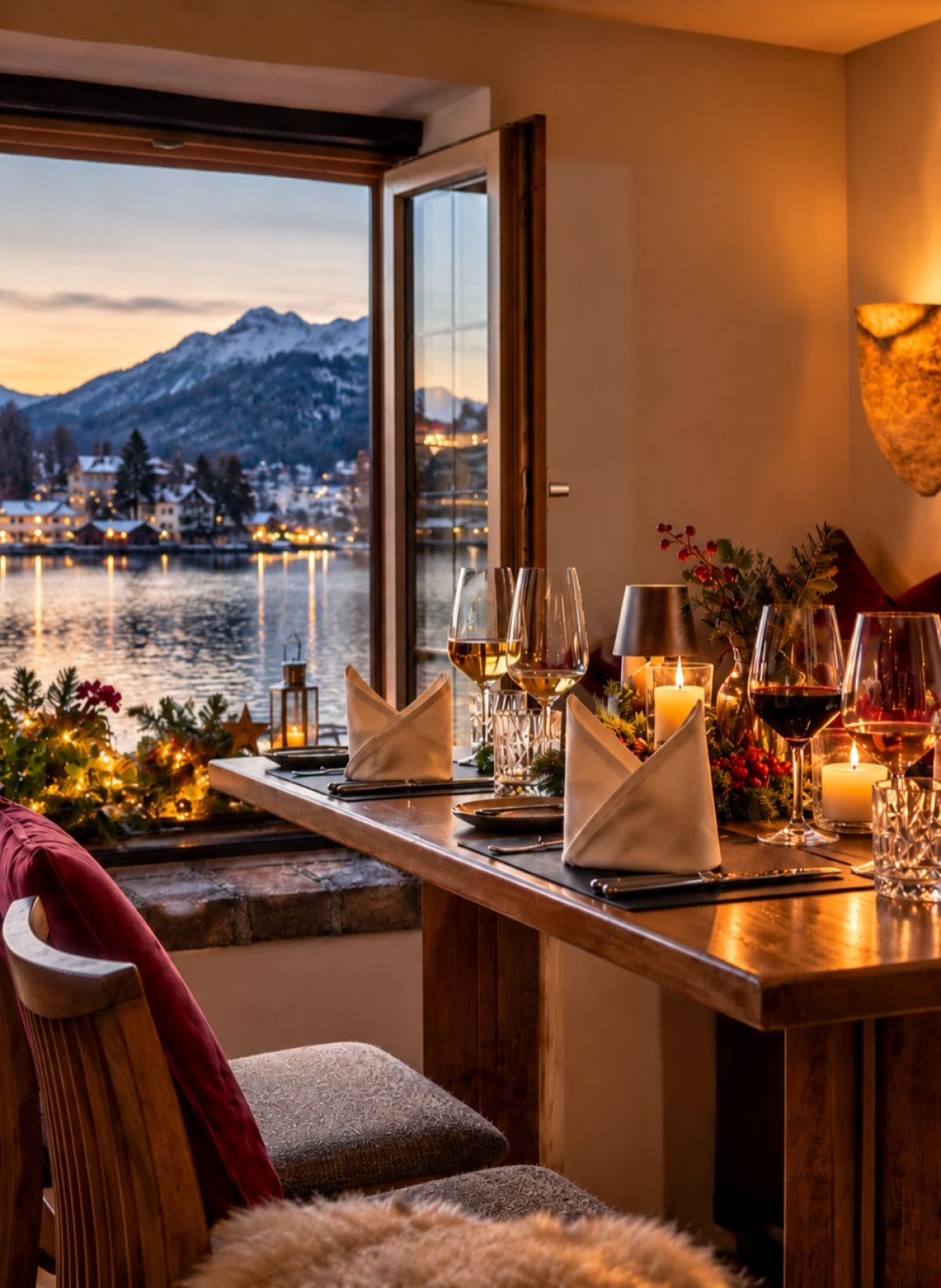 Festlich gedeckter Tisch mit Kerzen und Weihnachtsdeko am Fenster mit Blick auf den winterlichen Tegernsee