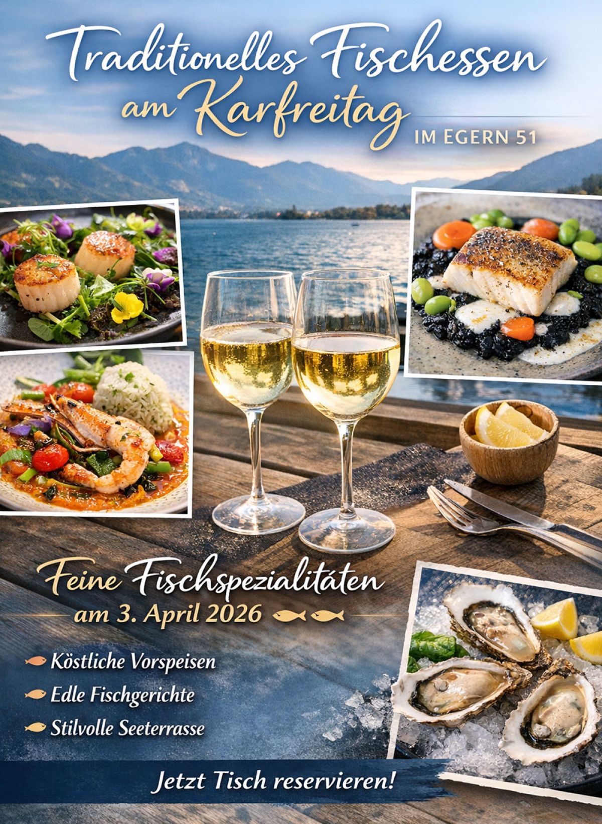 Traditionelles Fischessen am Karfreitag im Egern 51 mit Fischgerichten, Vorspeisen und Seeterrasse am Tegernsee, Termin 3 April 2026, Tischreservierung möglich. 12 – 23 Uhr