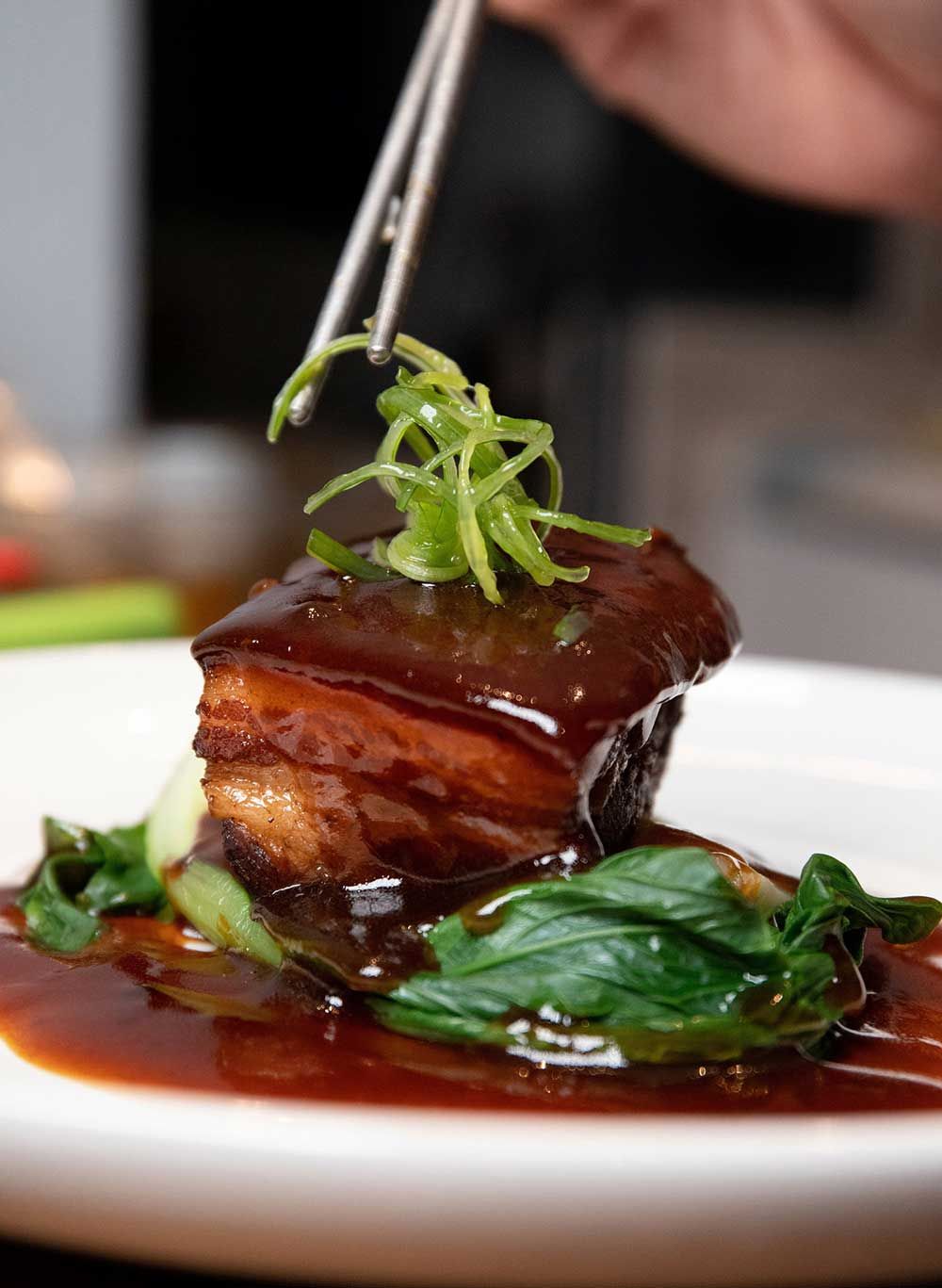 Ein Teller mit einem Stück Fleisch, das mit einer Sauce garniert ist.